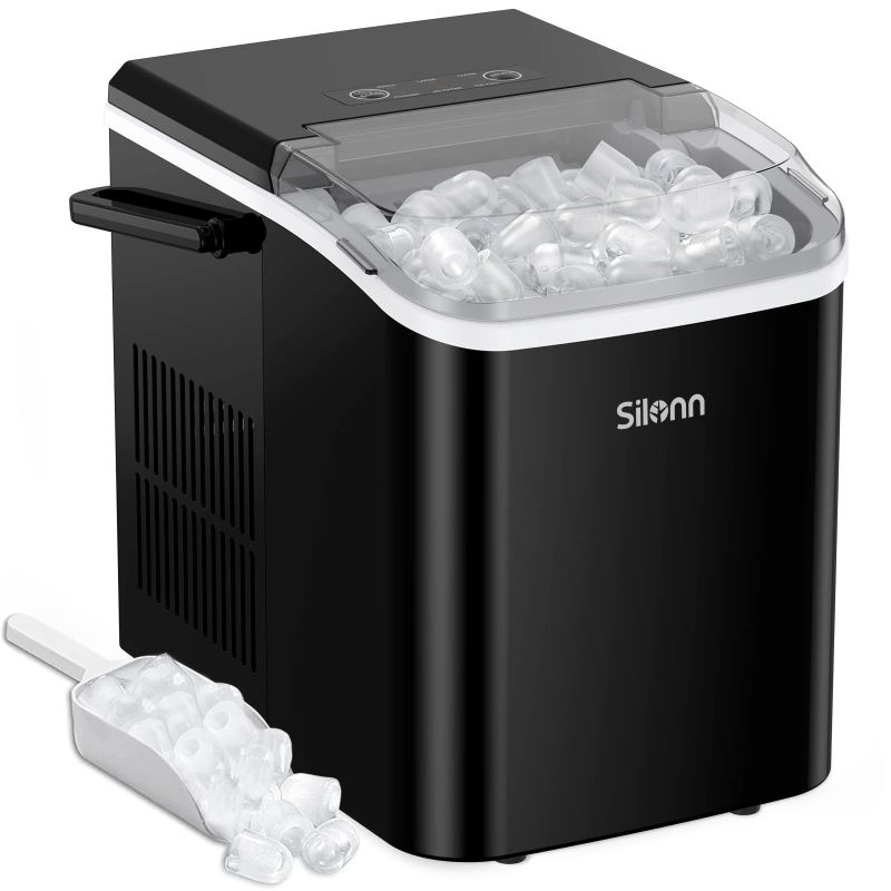 Photo 1 of (PARTS ONLY) SILONN COUNTERTOP ICE MAKER MACHINE, PORTABLE ICE MAKERS COUNTERTOP WITH HANDLE, MAKES UP TO 27 LBS. OF ICE PER DAY, 9 CUBES IN 7 MINS, SELF-CLEANING ICE MAKER WITH ICE SCOOP AND BASKET BLACK ICE MAKER
