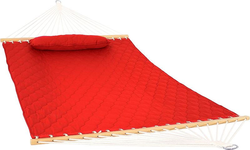 Photo 1 of 
Sunnydaze 2-Person Quilted Designs Fabric Hammock with Spreader Bars and Detachable Pillow, Heavy Duty 440-Pound Capacity, Red
Color:Red