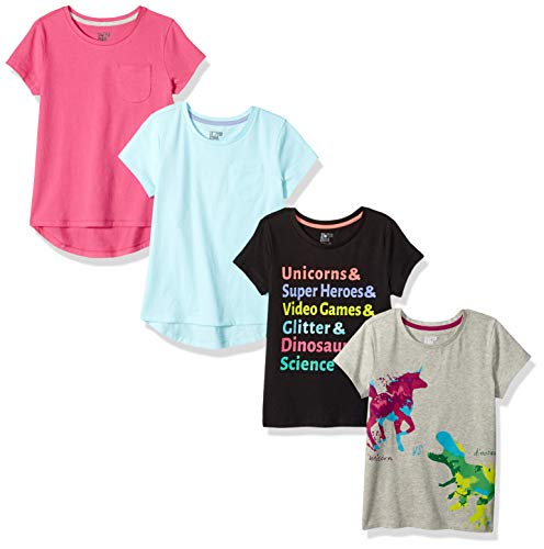 Photo 1 of Amazon Brand - Spotted Zebra Big Girls' 4-Pack Short-Sleeve T-Shirts, Unicorn Dino, Large