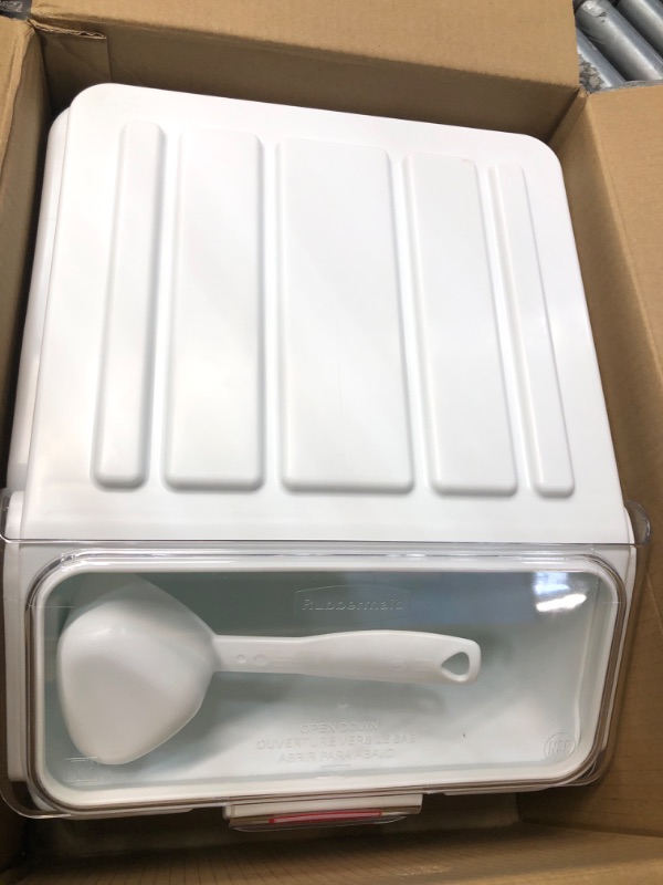 Photo 2 of **USED/MINOR SCRATCHES**  Rubbermaid Commercial ProSave Shelf-Storage Ingredient Bin with Scoop, Plastic, Stackable, 40-Cup Capacity, White, FG9G6000WHT 40 Cup