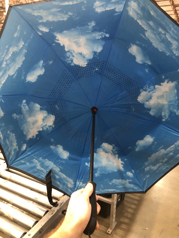 Photo 2 of **NEW**   Repel Umbrella Reverse Umbrella - Upside Down Inverted Reversible Wind Resistant Design - Teflon Canopy - Windproof Umbrella with Fiberglass Ribs Blue Sky