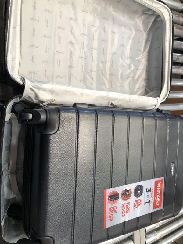 Photo 1 of **DAMAGED/MISSING A SUITCASE**  Wrangler Smart Luggage Set with Cup Holder and USB Port, Black, 3 Piece Set 3 Piece Set Black