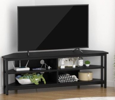 Photo 1 of **USED/MINOR DAMAGE**   Unikito Corner TV Stand With Power Outlet, Corner Entertainment Center Corner TV Table With 4 Open Storage Corner TV Cabinet Wood TV Stand For Living Room,Bedroom Corner TV Stand For 55 inch TV, Black