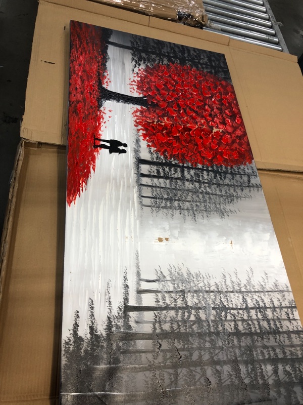 Photo 3 of **MINOR SCUFFS ON UNIT* Handmade Oil Painting Black and White Large Landscape Canvas Wall Art with Red Tree for Living Room
