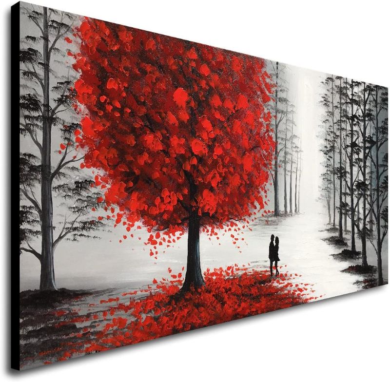 Photo 1 of **MINOR SCUFFS ON UNIT* Handmade Oil Painting Black and White Large Landscape Canvas Wall Art with Red Tree for Living Room
