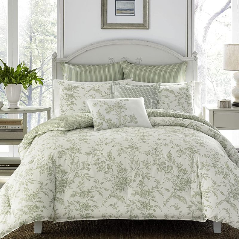 Photo 1 of **MISSING PARTS** Laura Ashley Home - King Size Comforter Set, Reversible Cotton Bedding, Includes Matching Shams with Bonus Euro Shams & Throw Pillows (Natalie Sage/Off White, King)
