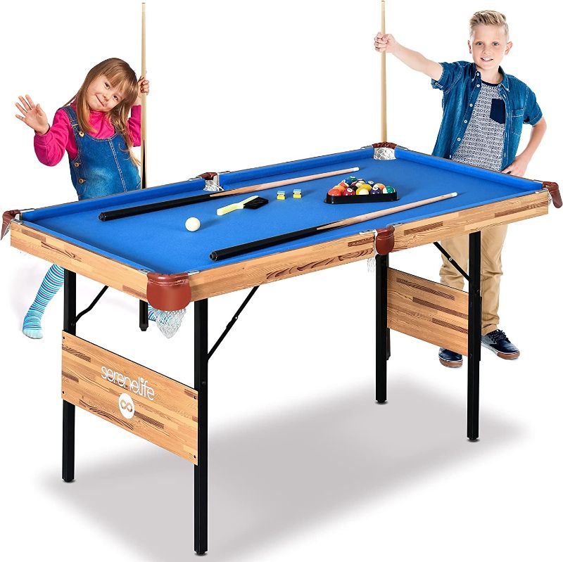 Photo 1 of **DAMAGED* MISSING PARTS**PARTS ONLY**  SereneLifeHome 4.5ft Folding Pool Table, 54in Portable Foldable Billiards Game Table for Kids and Adults with Accessories, Indoor and Outdoor Game with Sticks, Cue, Balls and Triangle, Blue (SLPTB56)
