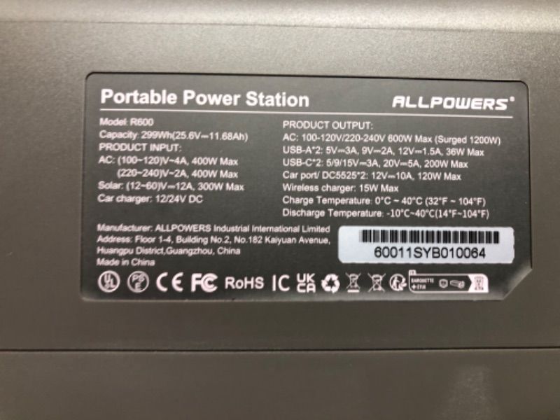 Photo 3 of (PARTS ONLY)ALLPOWERS R600 PORTABLE POWER STATION 600W, 299WH LIFEPO4 BATTERY BACKUP WITH UPS FUNCTION, 1 HOUR TO FULL 400W INPUT, MPPT SOLAR GENERATOR FOR OUTDOOR CAMPING, RVS, HOME USE
