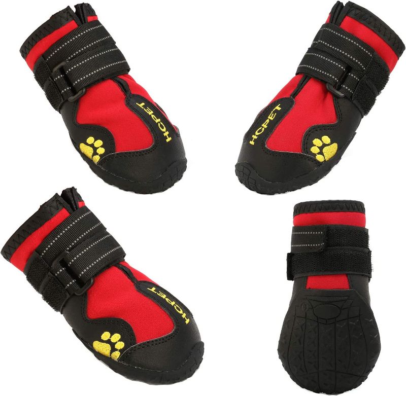 Photo 1 of Hcpet Dog Shoes Waterproof Boots for Medium to Large Dogs with Reflective Velcro Rugged Anti-Slip Sole, Pet Boots Warm Paw Protector Size Chart in Pictures 4PCS Red size 8
