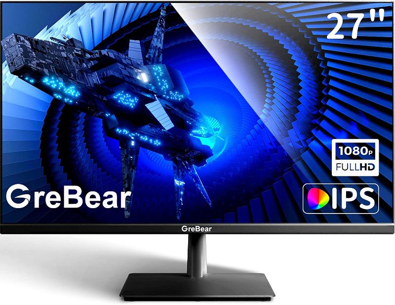 Photo 1 of GreBear 27-inch Computer Monitor IPS Panel PC Monitors FHD 1080p 75Hz LED Display Home Office Desktop Screen, HDMI, VGA, Flicker-Free, Build-in Speakers, Blue Light Filter, 100x100 mm VESA Mountable