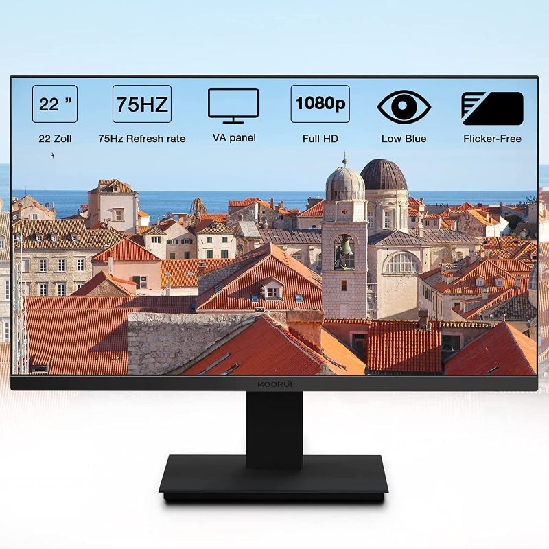 Photo 1 of KOORUI 22 Inch Computer Monitor, FHD 1080P Desktop Display, 75HZ Ultra Thin Bezel/Eye Care/Ergonomic Tilt, HDMI VGA Ports LED Monitor for PC, VESA Mounting
