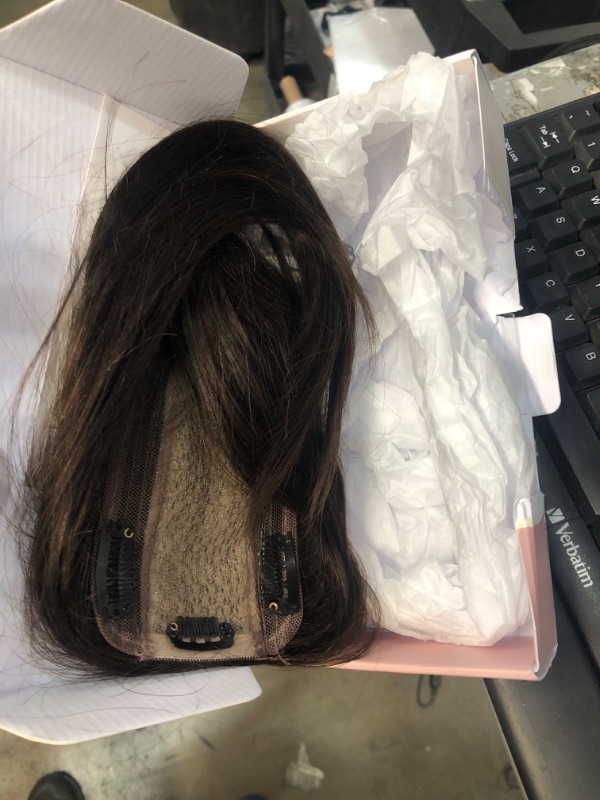 Photo 2 of **USED**   SEGO Human Hair Toppers for Women With Thinning Hair 150% Density 7 * 13CM Silk Base 100% Real Human Hair Clip in Top Wiglet Hair Pieces -10 Inch No Bangs Dark Brown 10 Inch No Bangs no bangs-#2 Dark Brown