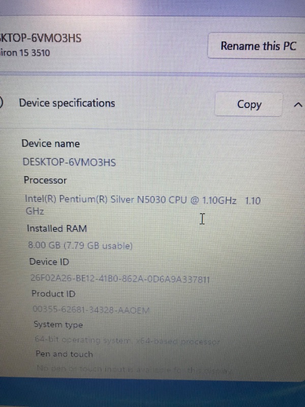 Photo 1 of Dell Inspiron 3510 15.6" HD Laptop, Intel Pentium N5030 Processor, 8GB DDR4 RAM, 128GB PCIe SSD, Webcam, WiFi, HDMI, Bluetooth, Windows 11 Home, Black