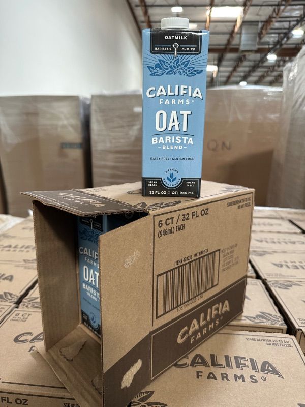 Photo 3 of **BBD: June 5th, 2023**
Califia Farms - Oat Barista Blend Oat Milk, 32 Oz (Pack of 6), Shelf Stable, Dairy Free, Plant Based, Vegan, Gluten Free, Non GMO, High Calcium, Milk Frother, Creamer, Oatmilk