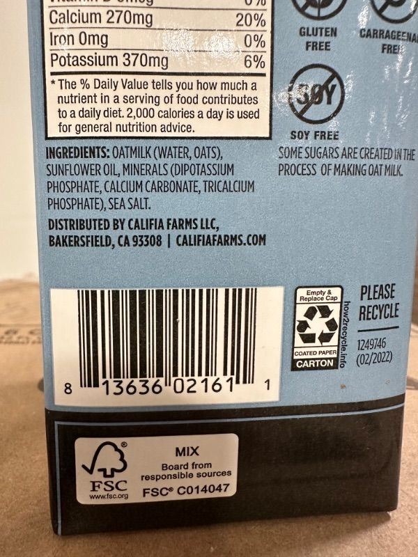 Photo 4 of **BBD: June 5th, 2023**
Califia Farms - Oat Barista Blend Oat Milk, 32 Oz (Pack of 6), Shelf Stable, Dairy Free, Plant Based, Vegan, Gluten Free, Non GMO, High Calcium, Milk Frother, Creamer, Oatmilk