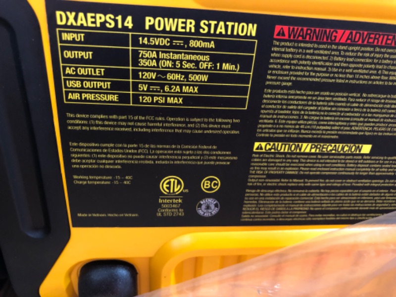 Photo 3 of DEWALT DXAEPS14 1600 Peak Battery Amp 12V Automotive Jump Starter/Power Station with 500 Watt AC Power Inverter, 120 PSI Digital Compressor, and USB Power , Yellow