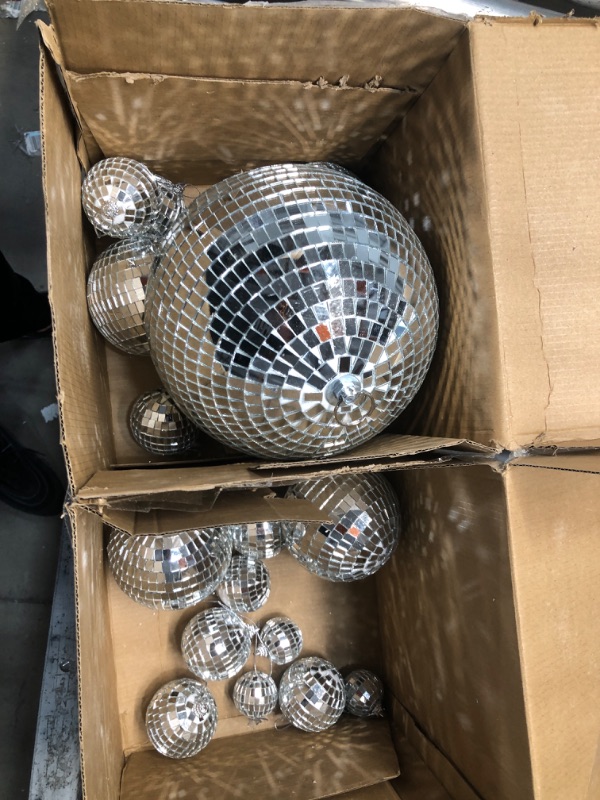 Photo 2 of 19 Pack Mirror Disco Ball in Variety Silver Hanging Glass Mirror Ball Light Ball with String Disco Hanging Ornament for Club Stage Bar Birthday 70s Party Decoration (8/ 4/ 2.4/ 1.6/ 0.8 Inch)