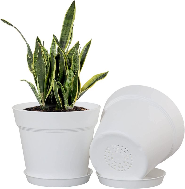 Photo 1 of 4pk Pack 6 inch Plastic Planters, Plastic Indoor Planter Flower Pots, Heavy Duty and Stylish 6 Inch Plant Pots for Indoor Plants with Drainage Holes and Tray for Plants, Flowers, White