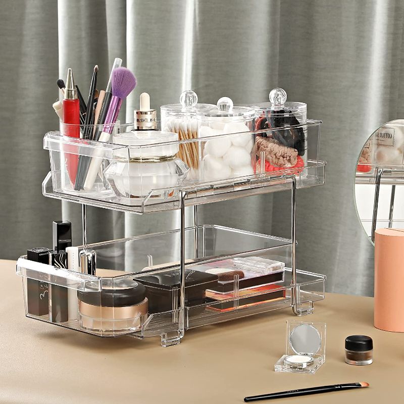 Photo 1 of 2 Tier Clear Organizer with Dividers, Multi-Purpose Slide-Out Storage Container, Bathroom Vanity Counter Organizing Tray, Under Sink Closet Organization, Kitchen Pantry Medicine Cabniet Storage Bins