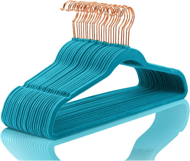 Photo 1 of MIZGI Premium Velvet Hangers 15pk teal with rose gold hook