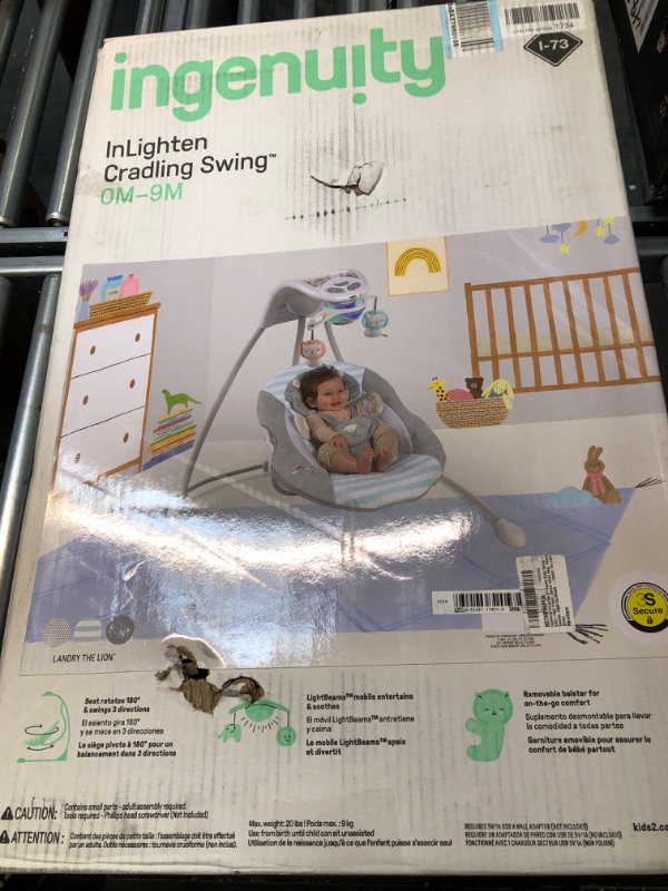 Photo 2 of Ingenuity InLighten 6-Speed Baby Swing - Easy-Fold Frame, Swivel Infant Seat, Nature Sounds, Light Up Mobile - Landry The Lion (Grey)