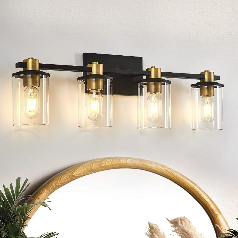 Photo 1 of 4 Light Bathroom Vanity Light Fixtures, Black and Gold Vanity Light Above Mirror with Clear Glass Shade, Modern Wall Sconce Black with Bronze Vintage