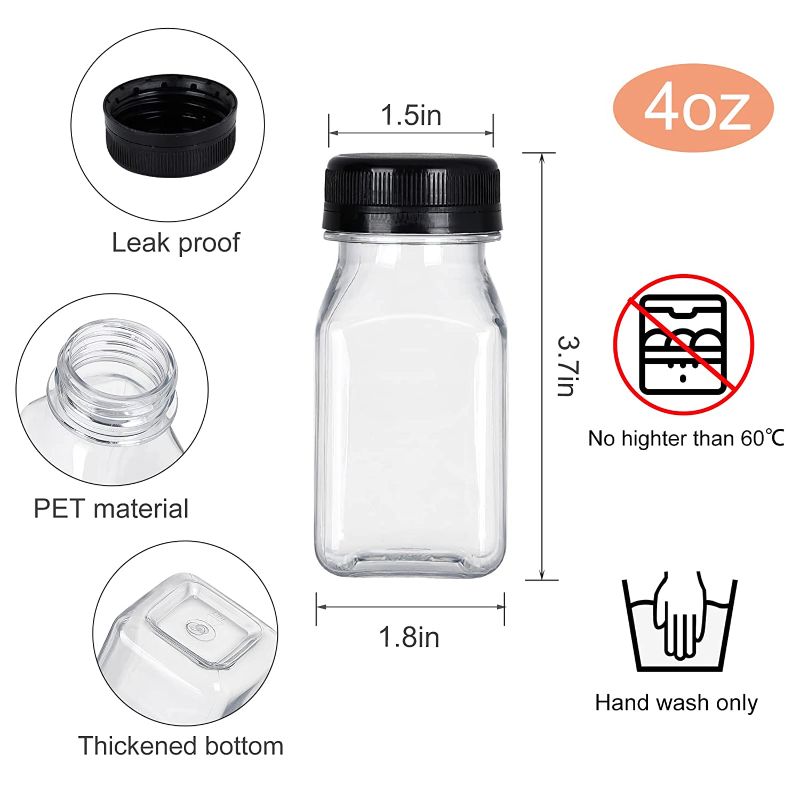 Photo 1 of 24 Pack 4oz Empty PET Plastic Juice Bottles with Leak-Proof Caps Lids, Reusable Clear Water Bottle Food Grade Bulk Beverage Containers for Juicing Smoothie Milk and Other