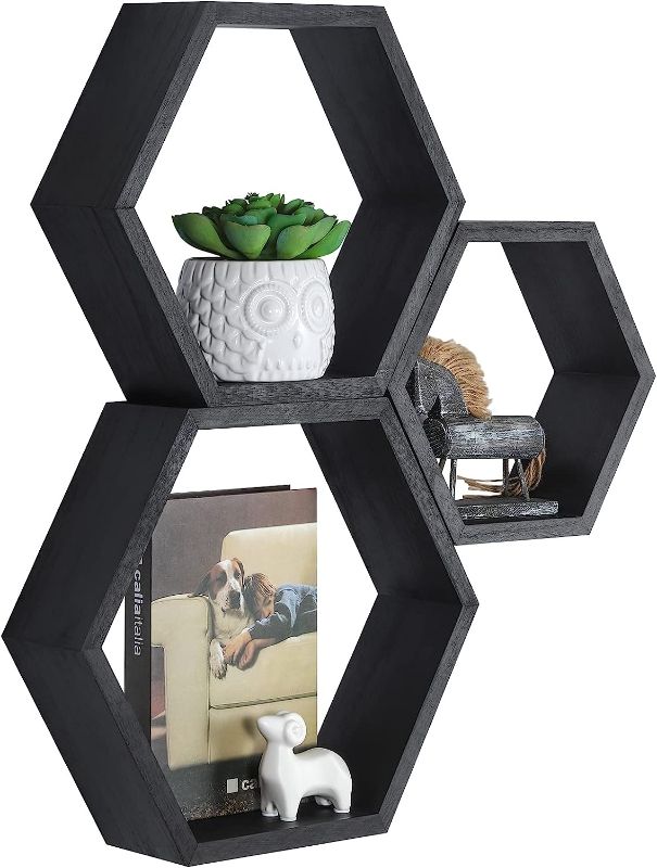 Photo 1 of  Hexagonal Floating Shelves Wall Mounted, Set of 3 Wood Farmhouse Storage Honeycomb Wall Shelf for Bathroom, Kitchen, Bedroom, Living Room, Office,Driftwood -Black Finish