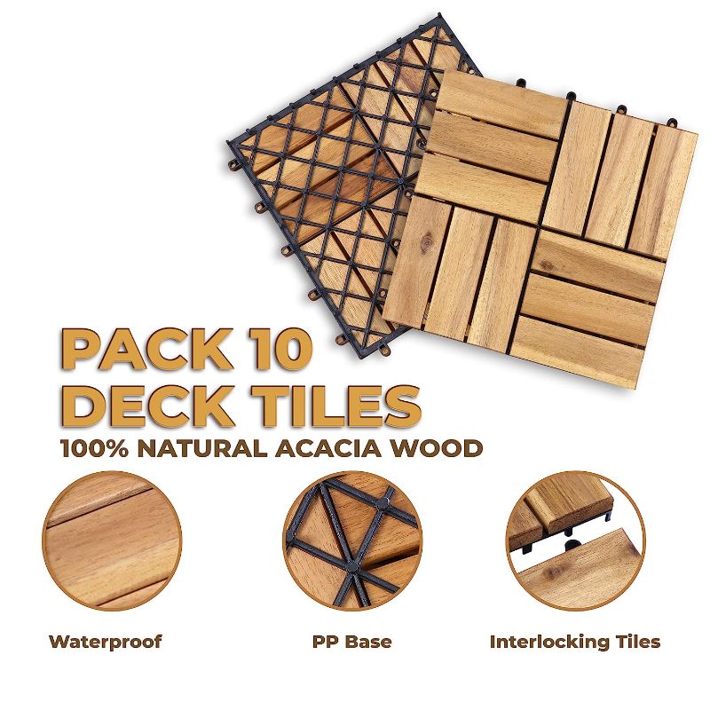 Photo 1 of A9 FURNI 10-Slat Acacia Wood Teak Color Waterproof Outdoor & Indoor Flooring Interlocking Deck Tiles (10pcs,12''x12'') - Great Balcony Wooden Garden Decking Tile & Perfect Patio Paver Kits