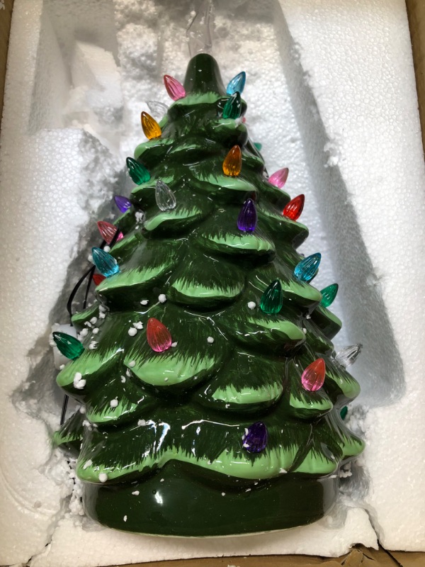 Photo 4 of 15 Inch Large Ceramic Christmas Tree Battery Operated Tabletop Artificial Christmas Decoration Tree with Multicolored Lights, Green Christmas Tree, Star Included, Battery Not Included