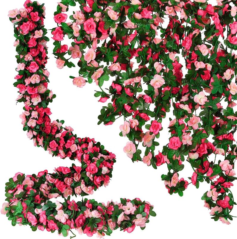 Photo 1 of 100 ft Flower Garland Flower Vines Artificial Rose Vines Hanging Fake Flower Wall Decor Garden Flower Vines Ivy Garlands for Decor with Flowers for Wedding Party Valentines Craft (Pink)