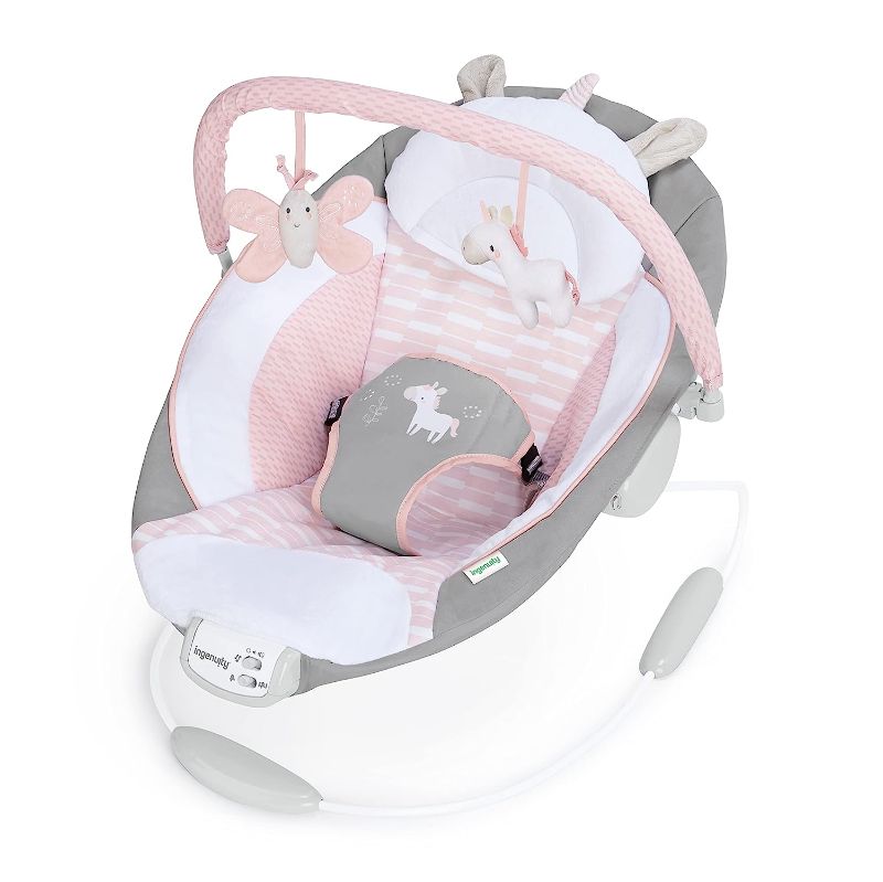 Photo 1 of Ingenuity Soothing Baby Bouncer Infant Seat with Vibrations, -Toy Bar & Sounds, 0-6 Months Up to 20 lbs (Pink Flora the Unicorn)