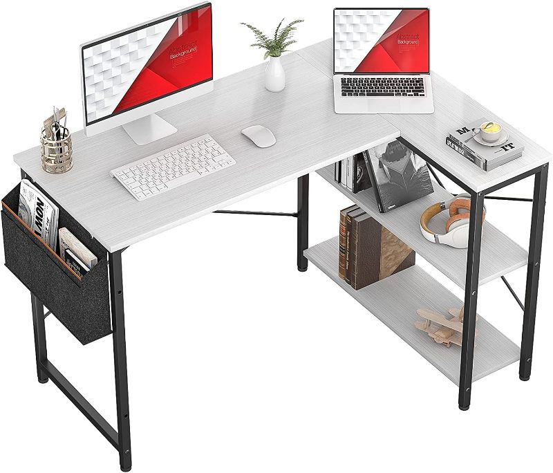 Photo 1 of Homieasy Small L Shaped Computer Desk, 47 Inch L-Shaped Corner Desk with Reversible Storage Shelves for Home Office Workstation, Modern Simple Style Writing Desk Table with Storage Bag(White)
**FACTORY PACKAGED**OPENED IN WAREHOUSE FOR PICTURES ONLY