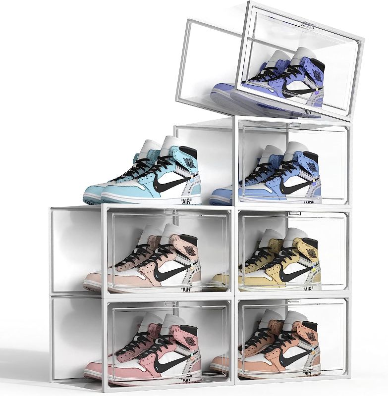 Photo 1 of SEE SPRING 6 Pack Shoe Storage Box, Clear Plastic Stackable Shoe Organizer for Closet, X-Large Shoe Containers Bins Holders for Display Sneaker Fit up to Size 14 (Clear)

**SHOES NOT INCLUDED**