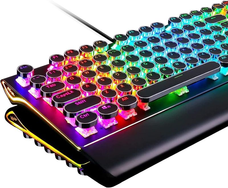 Photo 1 of RK ROYAL KLUDGE S108 Typewriter Style Retro Mechanical Gaming Keyboard Wired with True RGB Backlit Collapsible Wrist Rest 108-Key Blue Switches Round Keycap - Black