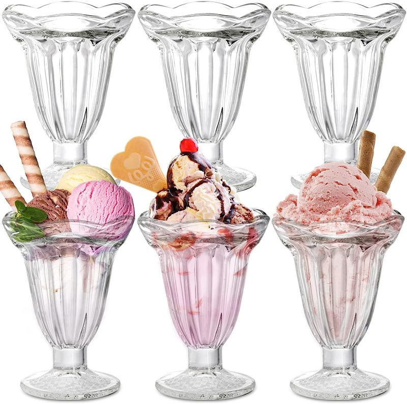 Photo 1 of 6 Pack Glass Tulip Sundae Cups, 6.7 Ounce Clear Milkshakes Footed Ice Cream Cups Dessert Bowls Set for Sherbet Trifle, Fruit, Salad, Snack, Cocktail