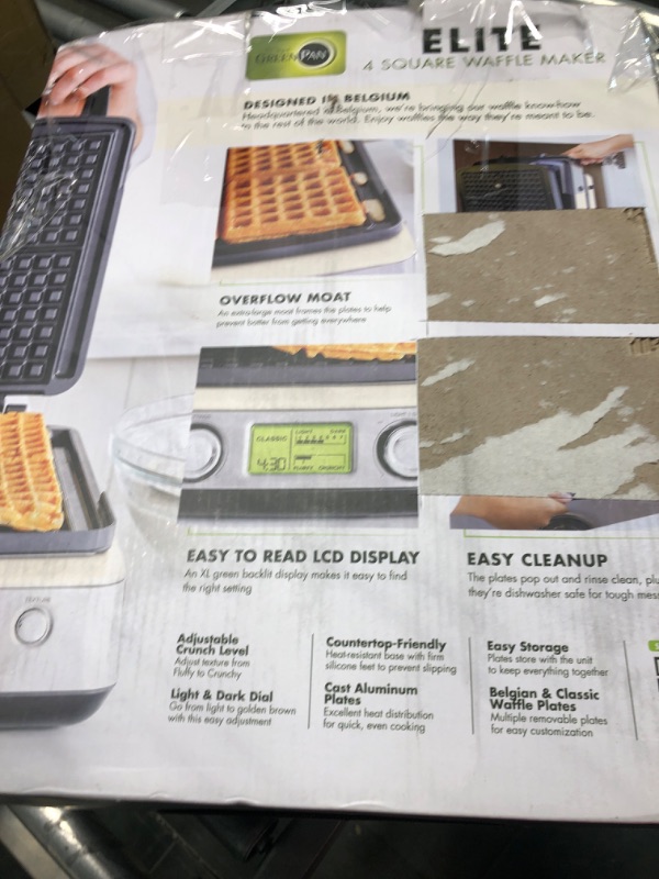 Photo 2 of GreenPan Elite 4-Square Belgian & Classic Waffle Iron, Healthy Ceramic Nonstick Aluminum Dishwasher Safe Plates, Adjustable Shade/Crunch Controls, Wont Overflow, Easy Cleanup Breakfast, Cream White

**SMALL CHIPPED PAINT ON BACK OF PRODUCT--TESTED IN WARE