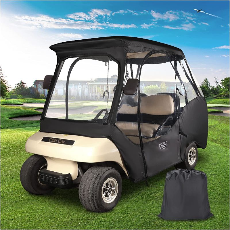 Photo 1 of 10L0L 4 Passenger Golf Cart Driving Enclosure, Golf Cart Storage Cover (Short Roof 56" with Bench) for Club Car DS Waterproof Portable Drivable Travel 4-Sided Enclosure (Black/Transparent)