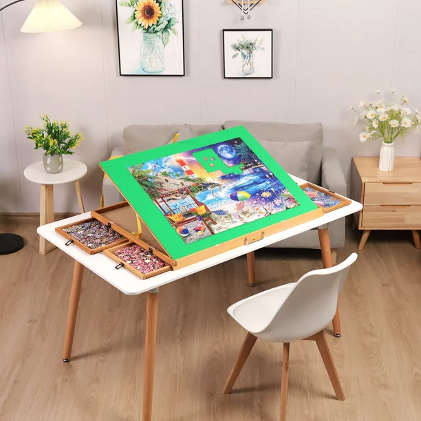 Photo 1 of Jigsaw Puzzle Table with 4 Drawers, 1500pcs Portable Puzzle Board with Wooden Puzzle Cover, 3 Angles Tilting Puzzle Table for Adults Elder Teens