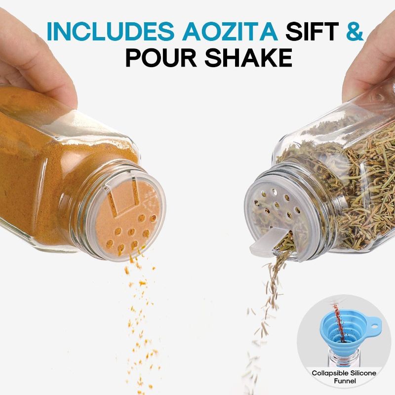 Photo 1 of AOZITA 22 Pcs Glass Spice Jars with Spice Labels - 8oz Empty Square Spice Bottles - Shaker Lids and Airtight Metal Caps - Chalk Marker and Silicone Collapsible Funnel Included 8 oz