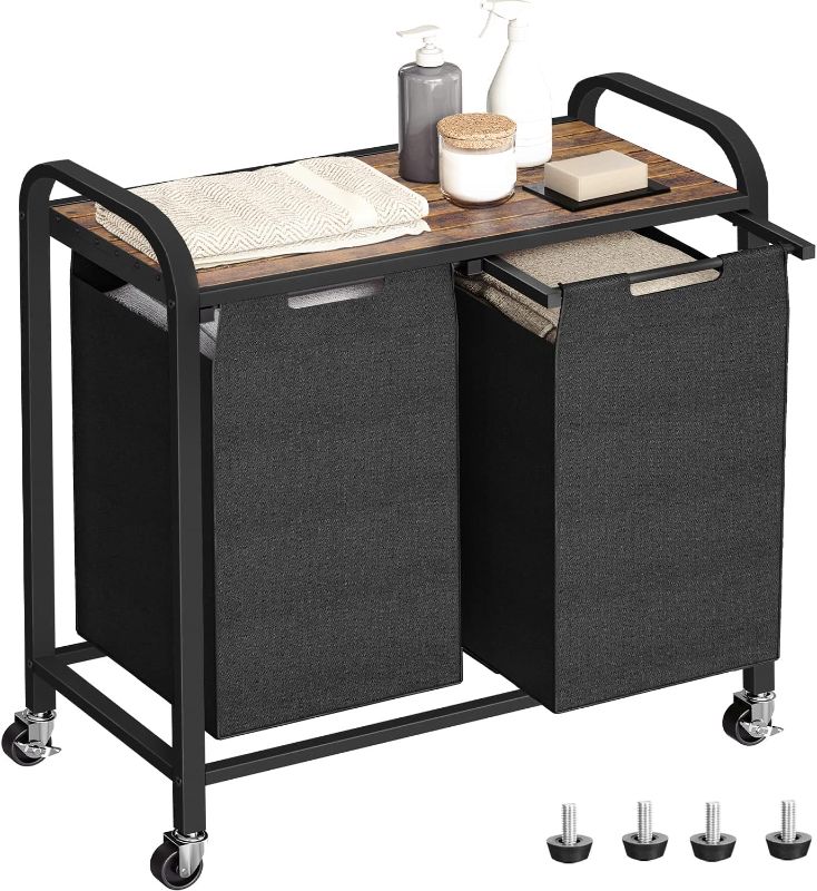 Photo 1 of ALOFA Laundry Hamper, Laundry-Basket with lid, Laundry Room Organization, 2x46L Pull Out and Removable Laundry Bags with Letter Stickers, Metal Frame Made Laundry Sorter Classified Storage Black