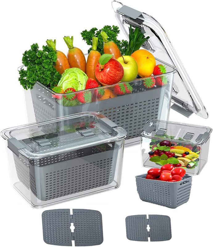 Photo 1 of 3-pack Vegetable and Fruit Storage Containers for Fridge Organizer Produce Saver Containers for Refrigerator Lettuce Berry Salad Cabbage Keeper BPA-Free Kitchen Organization with Lids and Air Vents (Grey)