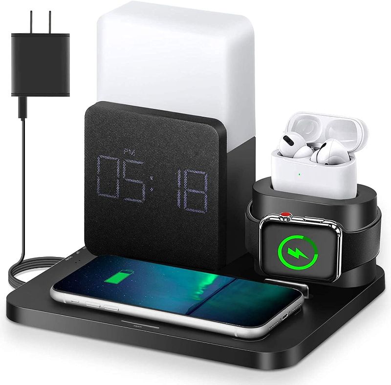 Photo 1 of Wireless Charger,3 in 1 Fast Charging Station with Digital Alarm Clock and Night Light,Compatible for iPhone 14/14 pro/13/13 Pro/12/12Pro Max/11 Series/XS Mas/XR/XS/8/8 Plus/iwatch/AirPods/Samsung