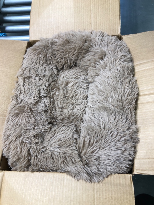 Photo 3 of Arlee Donut Round Pet Dog Bed - Memory Foam - Calming Reduce Anxiety - Shaggy Vegan Fur - Assembled USA, Taupe