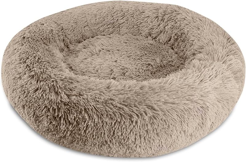 Photo 1 of Arlee Donut Round Pet Dog Bed - Memory Foam - Calming Reduce Anxiety - Shaggy Vegan Fur - Assembled USA, Taupe