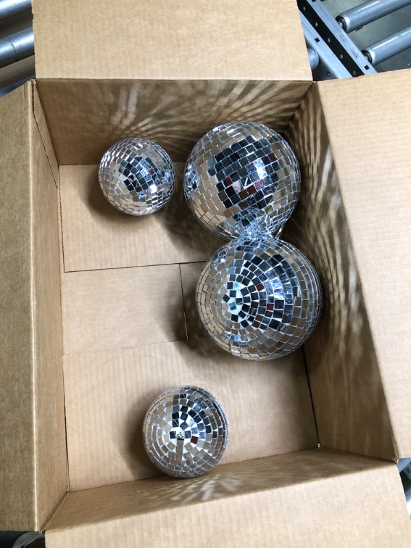 Photo 2 of 4 Pack Disco Ball Silver Hanging Disco Balls Reflective Mirror Ball Ornament for Party Holiday Wedding Dance and Music Festivals Decor Club Stage Props DJ Decoration