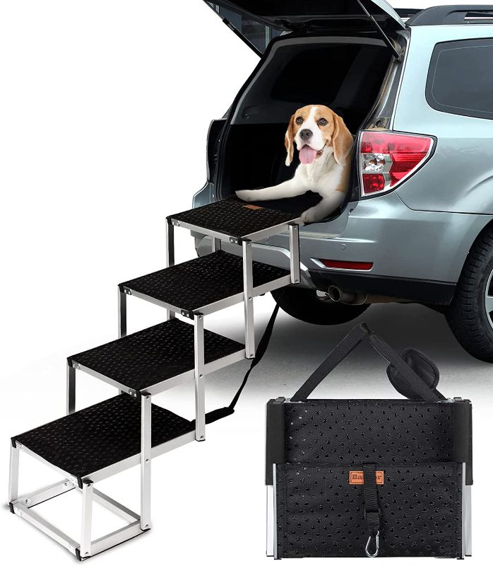 Photo 1 of Barpor Dog Ramp Portable Dog Steps for Cars, SUV and Trucks Adjustable Aluminum Dog Stairs Lightweight Pet Ladder with Non-Slip Surface Supports to Large Dogs 200-250 Lbs, 4/5 Steps (Upgraded 4-Step)