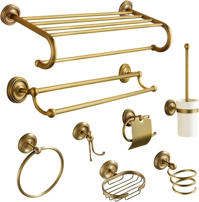 Photo 1 of 8 Piece Antique Brass Towel Holder - 24” Brass Towel Holder & Double Towel Bar Set, Wall Mounted Antique Brass Bathroom Hardware, Victorian Towel Bar Accessory Set, Brass Bathroom Accessories
