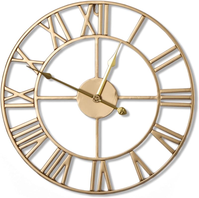 Photo 1 of 15.7in Large Wall Clock Metal Retro Roman Numeral Clock,Battery Operated Round Metal Silent Clock,Living Room/Bedroom/Kitchen/Office/School Wall The Industrial Wall Clock Decoration (15.75in,Gold)