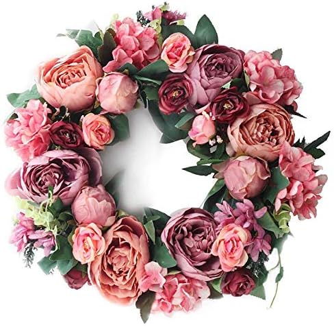 Photo 1 of Ctzrzyt 16 inch Peony Wreath Artificial Flower Door Wreath with Green Leaves Spring Wreath for Front Door Decor, Wedding, Wall, Home Decor(Deepred)